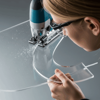 Using a jigsaw to cut intricate shapes in an acrylic sheet.