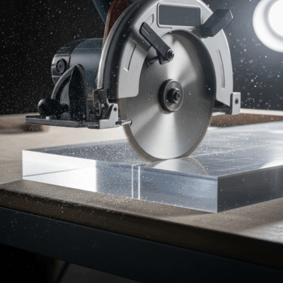 Using a circular saw to cut an acrylic sheet with precision.
