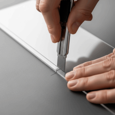 Scoring an acrylic sheet with a utility knife for a clean snap cut.