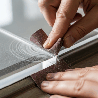 Smoothing the edges of an acrylic sheet with sandpaper after cutting.